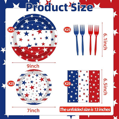 100 Pcs Patriotic Party Supplies Set, Serves 25 – Disposable Red White Blue - Image 2