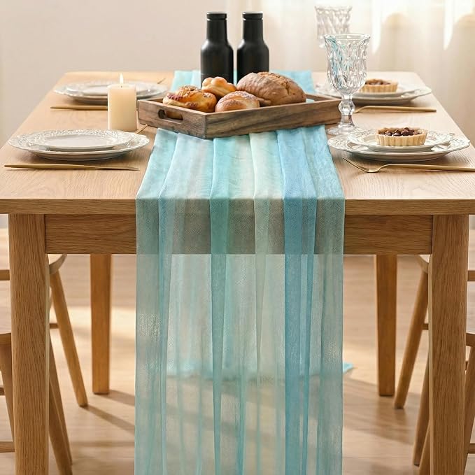 Artoid Mode Boho Blue Stripes Spring Chiffon Table Runner 120 Inches 10FT - Image 2