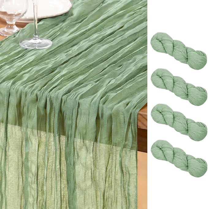 DeZerlor Sage Green Cheesecloth Table Runners 4 Pack Summer Boho Runners | by DeZerlor