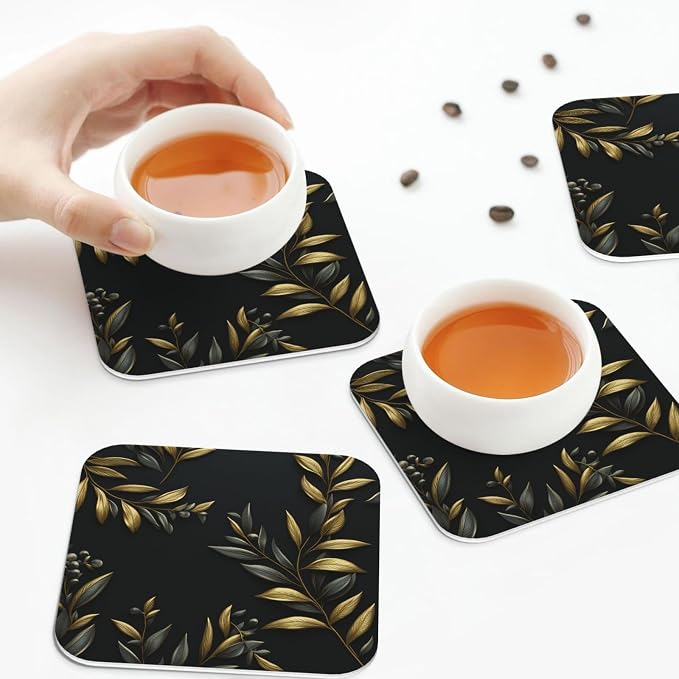 4Pcs Leather Coaster for Drinks Golden Olive Branch Cup Coasters Aesthetic - Image 6