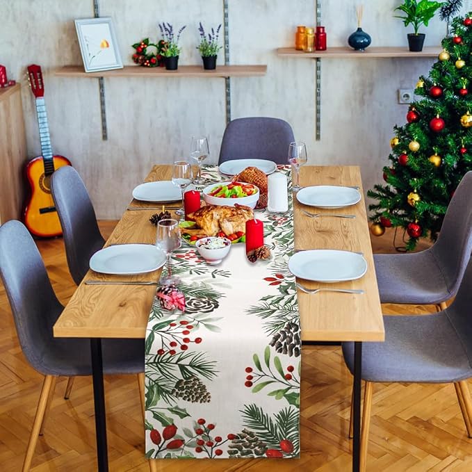 Christmas Winter Table Runner, Holly Berry Pine Cone Needle Branch Table - Image 6