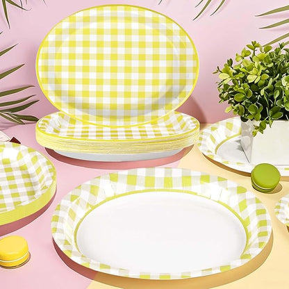 50Pcs Yellow Gingham Oval Paper Plates 10"x12" Large Yellow and White Buffalo Checkered Plaid Plates Disposable Heavy Duty Gingham Party Supplies for Picnic BBQ Baby Shower Birthday Party Decorations