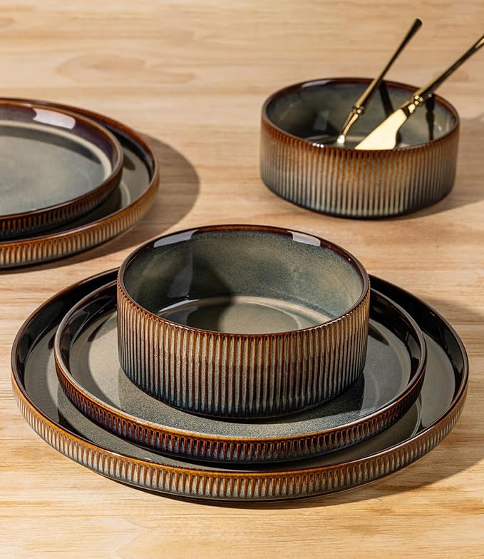 Ceramic Dinnerware Set for 8, 24-Piece Plates and Bowls Set | Lightweight - Image 4