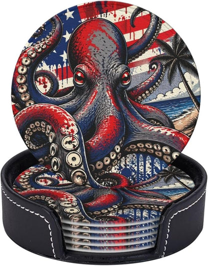 Coastal Patriotic Flag Octopus Leather Coasters Set of 6 by NeuKim