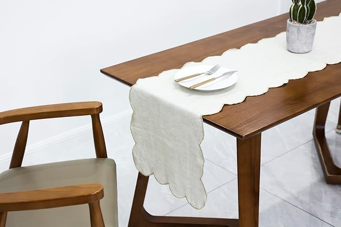 100% Natural Linen Rustic Scalloped Embroidery Table Runner 90 Inches Long - Image 5