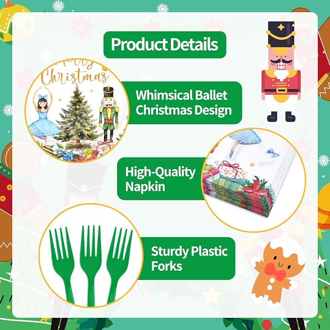 96 Pieces Christmas Ballet Party Tableware Set – Festive Disposable Dinnerware - Image 3