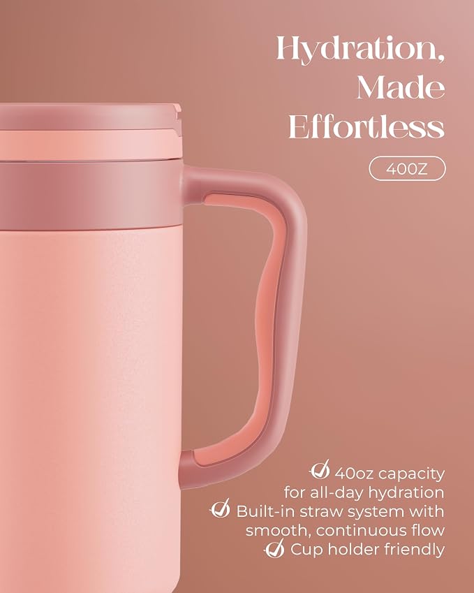 40 oz Insulated Tumbler with Handle and Push-Button Straw Lid, Stainless Steel - Image 5