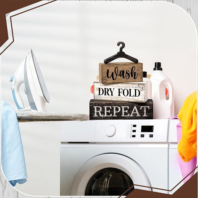 Moucuny 4 Pcs Farmhouse Laundry Room Decor Stacked Blocks, Wash Dry Fold Repeat - Image 7