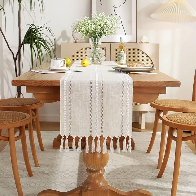 Wracra Rustic Linen Table Runner, Ivory Table Runners 108 inches Long | Raised - Image 6