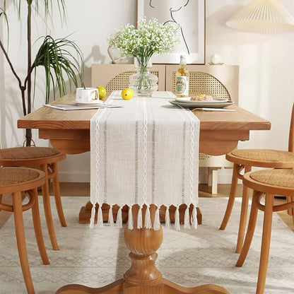 Wracra Rustic Linen Table Runner, Ivory Table Runners 36 inches Long | Raised - Image 6