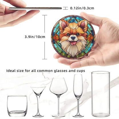 Drink Coaster Set of 6, Pomeranian Dog Mom Lover Gift,Leather Drink Coasters with Holder,6 Pack Cup/Bar/Drink Coasters for Table/Drinks/Coffee Protection Housewarming Gift