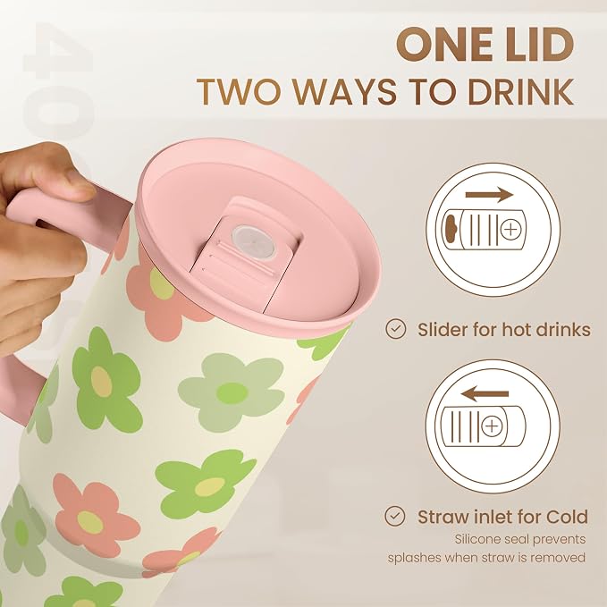 SANDJEST Daisy Tumbler with Handle 40oz, Floral Cup Stainless Steel Insulated - Image 5