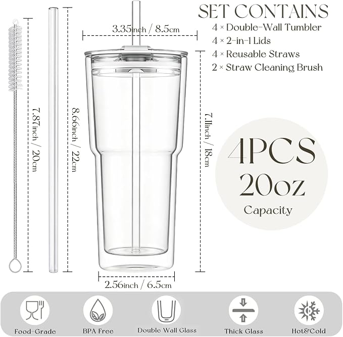 KEMORELA 20 oz Double Wall Glass Tumblers - Image 2