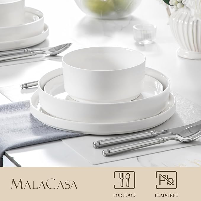 MALACASA 24 Pieces Porcelain Dinnerware Set, Modern White Dish Set - Image 3