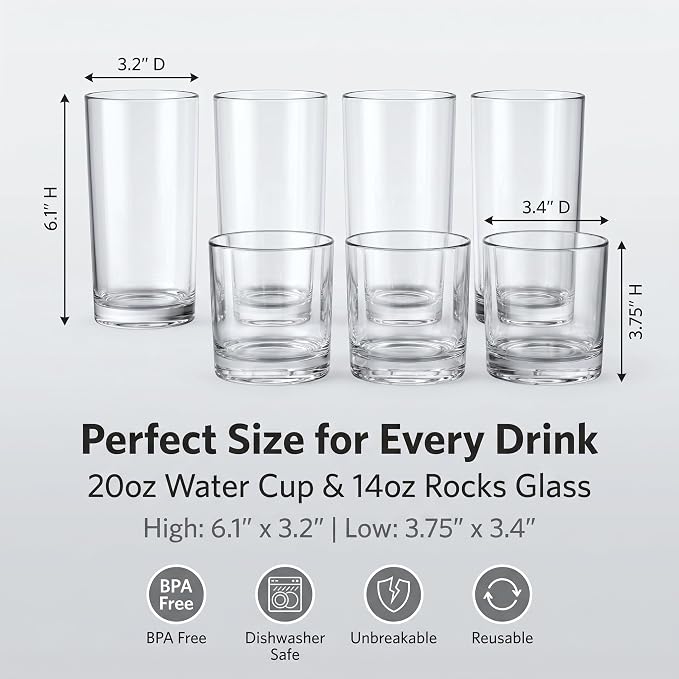 Meolibour® Acrylic Drinking Glasses Set of 8, 14oz Rocks & 20oz Water Cups - Image 4