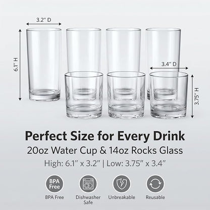 Meolibour® Acrylic Drinking Glasses Set of 8, 14oz Rocks & 20oz Water Cups - Image 4