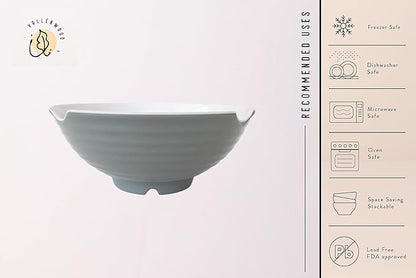 4 XL Gray White bowl set, 12 Pieces Ramen Bowls. Asian Japanese soup with Spoons and Chopsticks. Restaurant Quality Melamine, Large 52 oz for Noodles, Pho, Udon, Thai, Chinese dinnerware, 9 inch