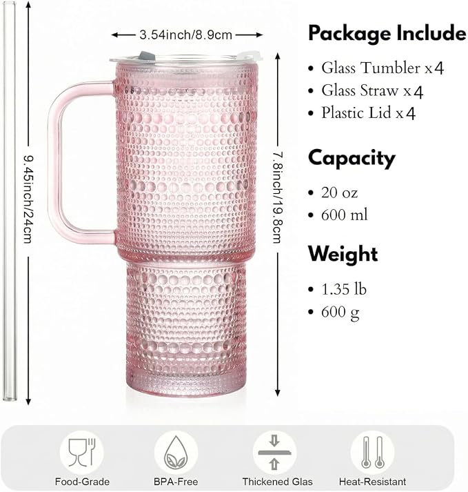 20 oz Pink Glass Tumbler with Lid and Straw, Glass Iced Coffee Cups, - Image 7