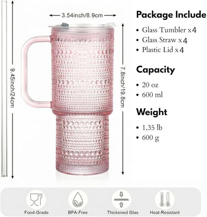20 oz Pink Glass Tumbler with Lid and Straw, Glass Iced Coffee Cups, - Image 7