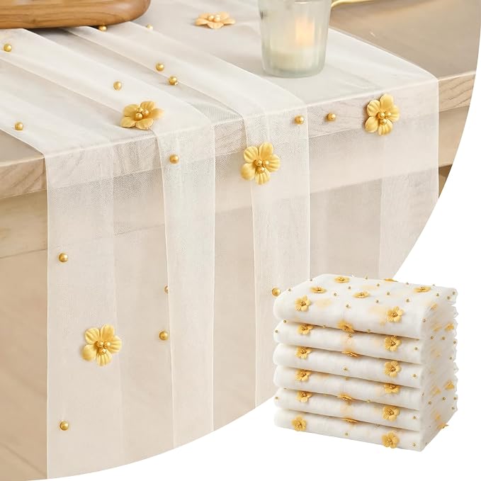 Artoid Mode Yellow Flower Pearl White Gauze Table Runner 10FT 6PC, Seasonal by ArtoidMode
