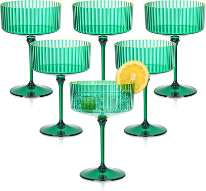 12 PCS Plastic Martini Glasses 10 oz Detachable Gold Rim Green Ribbed Coupe Glasses Vintage Christmas Martini Cocktail Glass for Bar,Margarita,Gin,Tequila, Desserts and Snacks