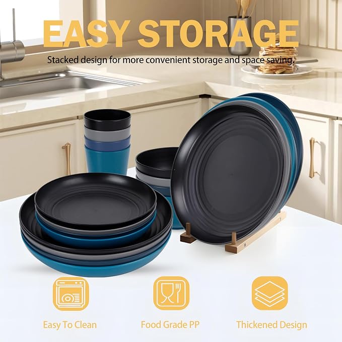 Rubtlamp 16Pcs Plastic Wheat Straw Dinnerware Set, Reusable Plastic Dishes Set - Image 5