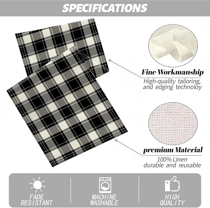 Black and White Gingham Table Runner, Buffalo Plaid Check Table Cloth Decor | - Image 2