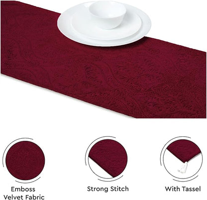 Encasa XO Table Runner, Embossed Velvet, Elegant 13"x72" | Maroon, 175 GSM - Image 3