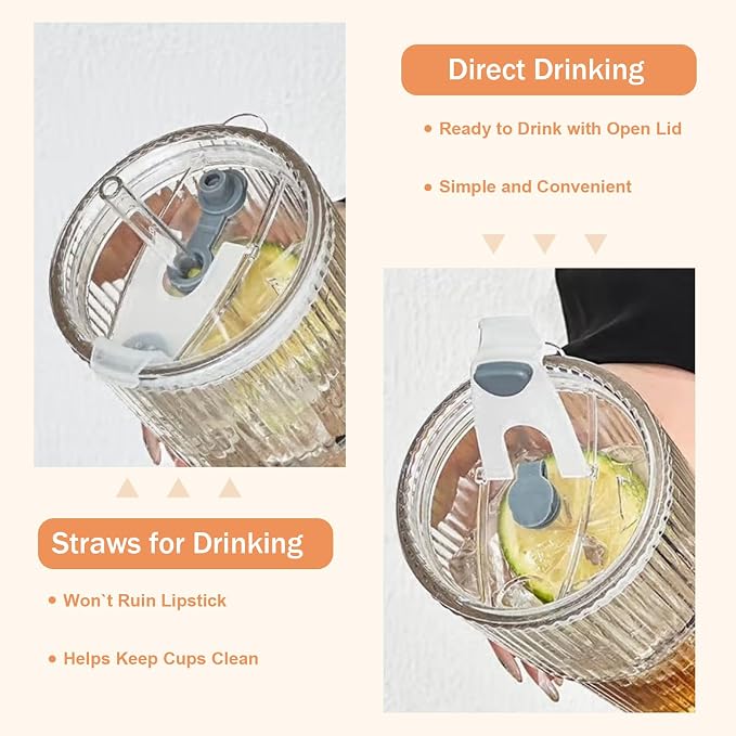 20oz Ribbed Glass Cups with Lids and Straws, Iced Coffee Cups Drinking Glasses - Image 3