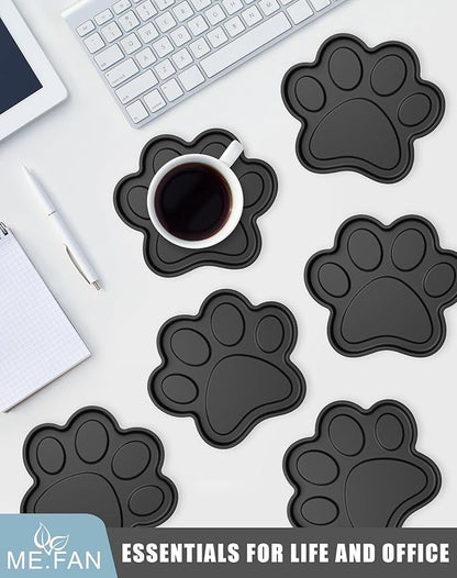 ME.FAN Silicone Coasters 6 Pack Paw Cup Mat with Holder, Dog Cat Paw Shape, for Hot or Cold Drink, Non-Slip, Non-Stick, Room Decor, Housewarming Black