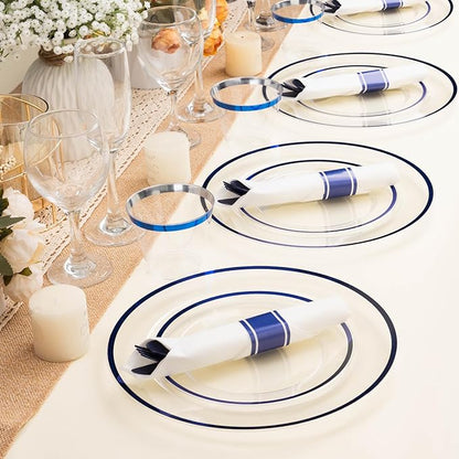 BESTSTAR 350PCS Clear and Blue Disposable Plates Set for 50 Guests, 100 Plastic Plates, 50 Cups, 50 Pre-Rolled Napkins with Plastic Cutlery for Party, Birthday, Thanksgiving, Christmas, Halloween