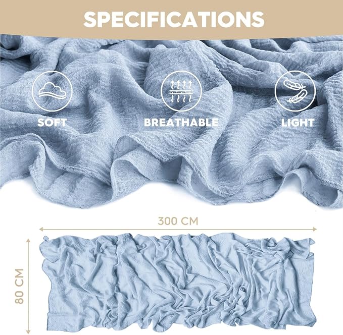 Artoid Mode Boho Cheesecloth Gauze Ice Blue Wedding Table Runner, 120 Inch - Image 5