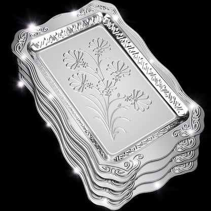 4 Pack 16.3" x 11.4" Large Silver Serving Trays for Dessert Table Stainless Steel Silver Platters Floral Engraved Mirror Serving Platters for Wedding, Cookies, Desserts, Party Food Display