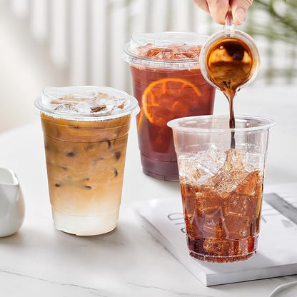 16 oz 100 Pack Clear Plastic Cups with Lids, Sturdy Iced Coffee Cups with Sip Lids, Disposable Food Safe Smoothie Cup for Cold Drinks, Juice, Milkshake