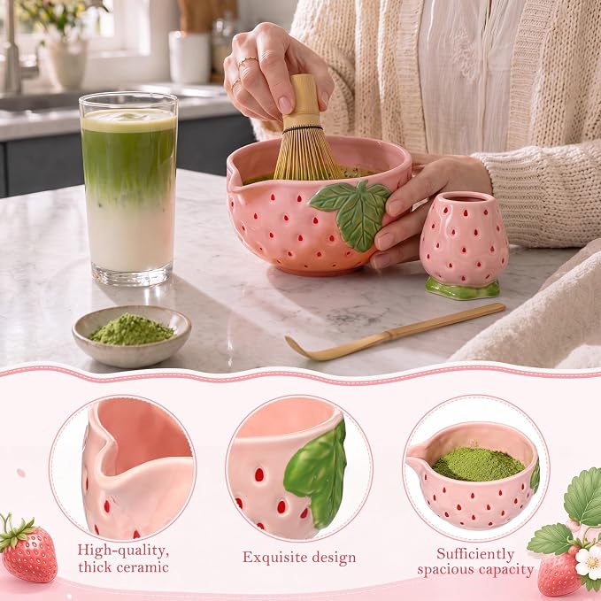 5 Pcs Matcha Whisk Set Pink Matcha Kit Cute Strawberry Design | Ceramic - Image 4