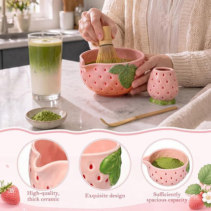 5 Pcs Matcha Whisk Set Pink Matcha Kit Cute Strawberry Design | Ceramic - Image 4