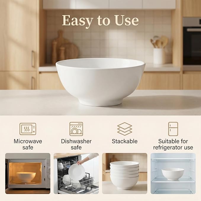 2 Pack Porcelain Soup Bowls, 27 Oz Large Deep White Ceramic Bowls - Image 3