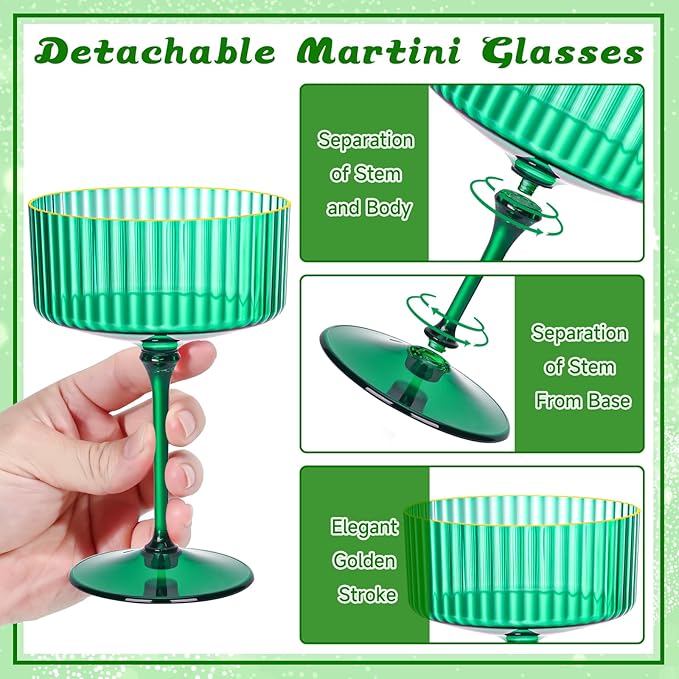 12 PCS Plastic Martini Glasses 10 oz Detachable Gold Rim Green Ribbed Coupe Glasses Vintage Christmas Martini Cocktail Glass for Bar,Margarita,Gin,Tequila, Desserts and Snacks