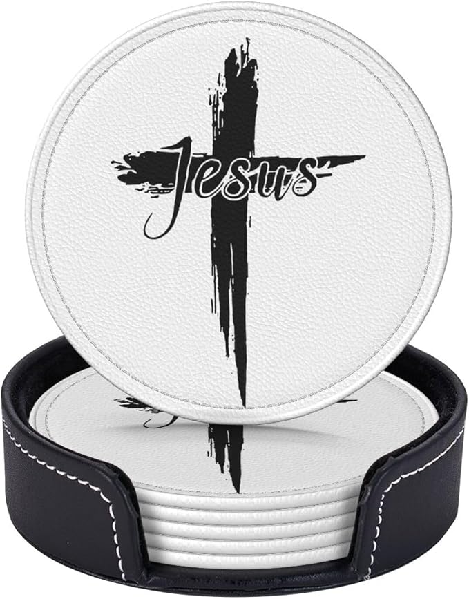 Jesus Cross Coasters for Drinks Set of 6, Round Leather Coaster by Unknown