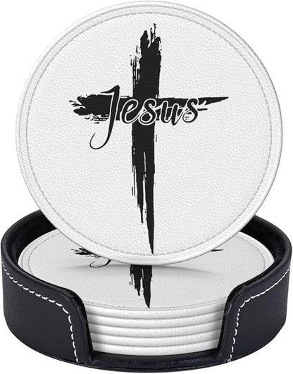 Jesus Cross Coasters for Drinks Set of 6, Round Leather Coaster by Unknown