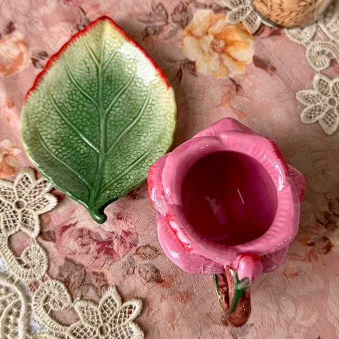 Ceramic Rose Tea Pot Set, 3D Hand-painted Rose Red Flower Cup and Green Leaves - Image 9