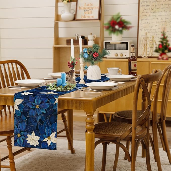 Winter Navy Blue Poinsettia Table Runner Christmas Floral Burlap Table Runners - Image 2