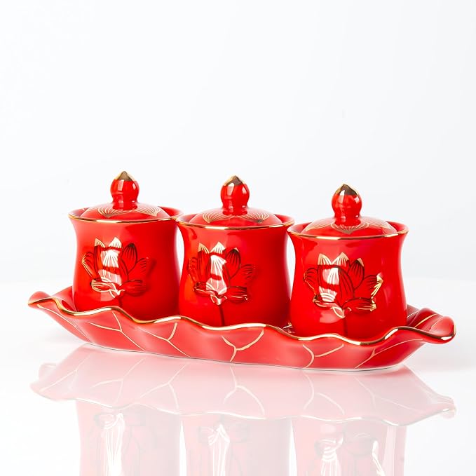 QINLANG Red Buddhist 3 Altar Cups Set, Buddha Water Cup Set of 3, Ceramic Holy - Image 6