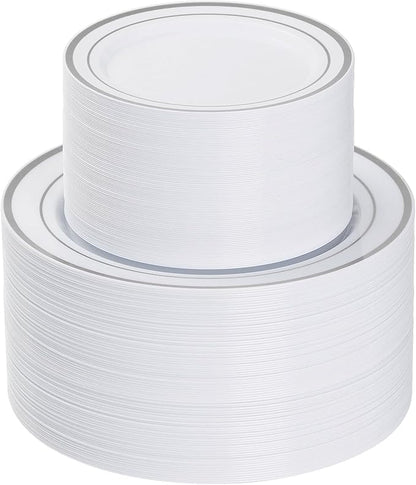 Goodluck 200PCS Silver Plastic Plates, Heavy Duty Disposable Gold Plates with 100 10.25 inch Dinner Plates and 100 7.5 inch Dessert Plates, Disposable Plates for Party, Holiday, Wedding, Christmas