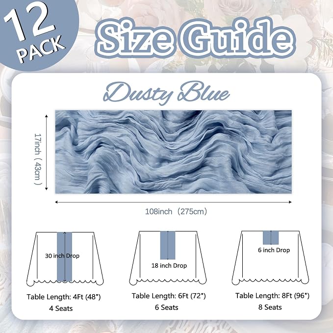 12 Pack Dusty Blue Cheesecloth Table Runner 17 x 108 Inch | Boho Gauze Cheese - Image 2