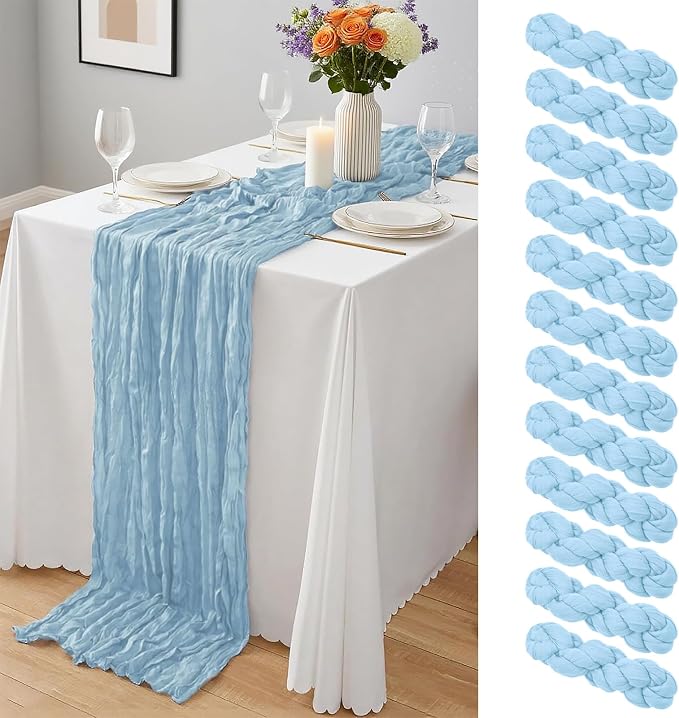 12 Pack Baby Blue Cheesecloth Table Runner 10Ft, Gauze Table Runners 21.5 x 120 by Yemosa