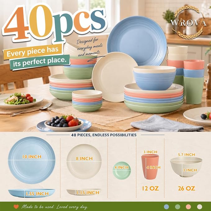 40PCS Dishes Set, Kids Plates and Bowls Set, Unbreakable Dinnerware Set | Wheat - Image 2