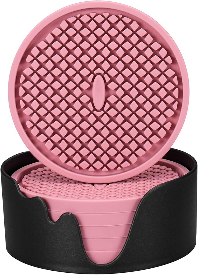 ME.FAN Silicone Coasters [6 Pack] Thickened Drink Coasters with Holder - Cup Mat - Non-Slip, Non-stick, Stay Put, Deep Tray - Prevents Furniture and Tabletop Damages(Pink)