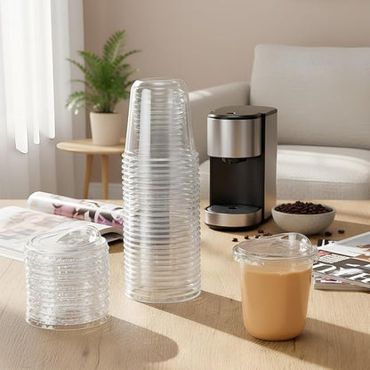 50 Sets 14 oz Clear Plastic Cups with Strawless Sip Lids, Thickened Clear Disposable Plastic PET Crystal Cups for Iced Coffee, Smoothie, Cold Beverage, Drink Shops and Party Catering