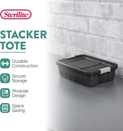 Sterilite 12-Pack Plastic Storage Bins with Lids, Stackable Containers, 10 Gallon, Black
